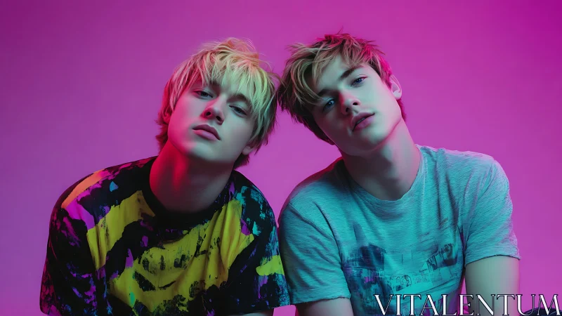 Neon-lit portrait of two youths under magenta teal gels