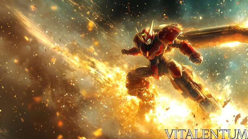 Armored mecha warrior bursts through blazing cosmic fire