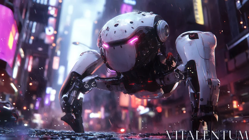 Quadruped combat drone stalks neon city street in rain-soaked dusk.