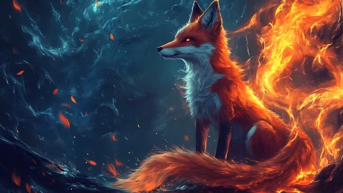 Bioluminescent fox silhouette framed by bifurcated fire and mist