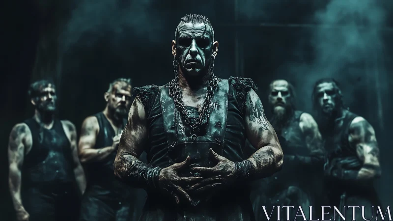 Metal band stands in smoky darkness with menacing stance