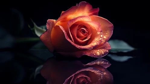 Luminescent rose with dewdrops glowing against darkness.