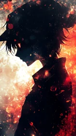 Silhouetted anime figure against explosive fiery contrast.