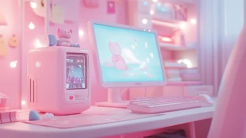 Pastel desktop workstation with kawaii micro-tower PC system.