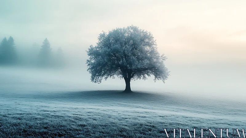 Frosted lone tree in atmospheric winter landscape study.