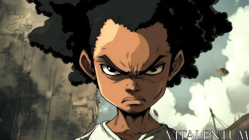 Storm-eyed kid hero glaring down a broken cartoon world.