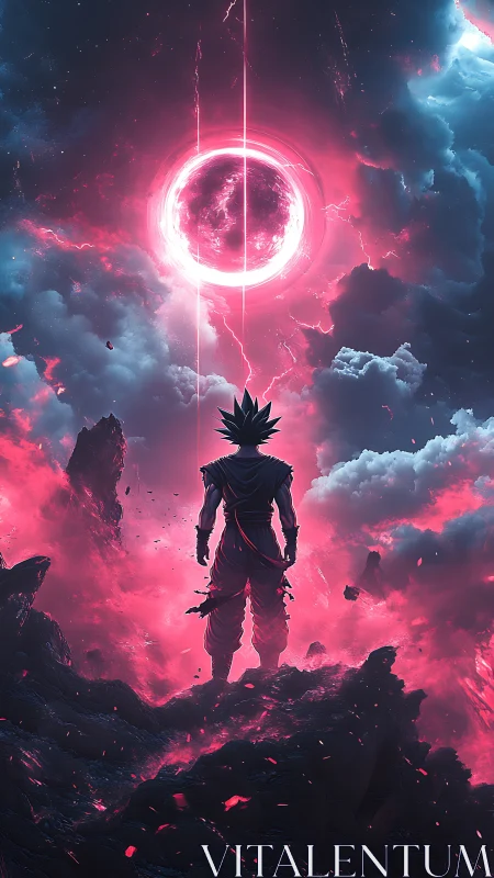 Lone cosmic warrior bathed in neon stormlight wonder.