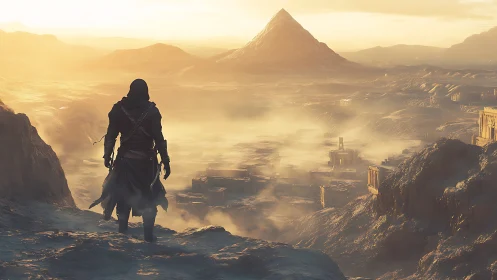 Hooded wanderer surveys sunlit desert ruins in cinematic scope