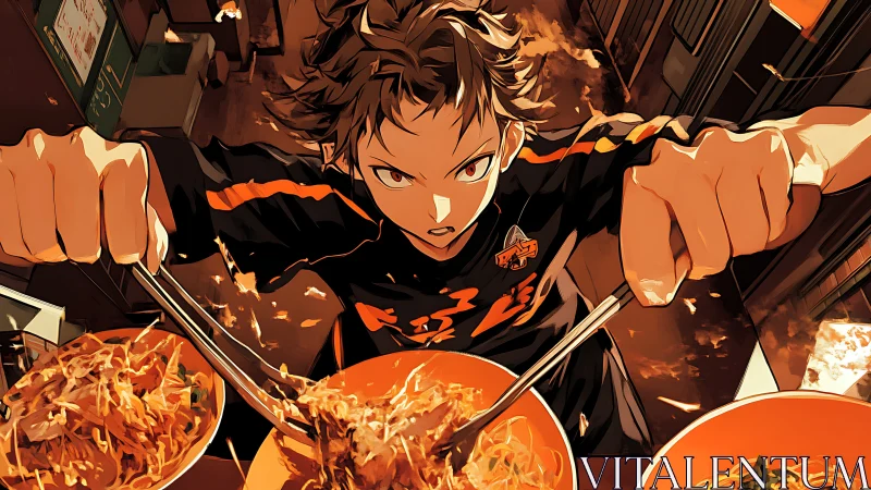 Intense anime cook twirls noodles in fiery restaurant scene.