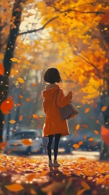 Backlit girl in orange coat on leaf strewn autumn street