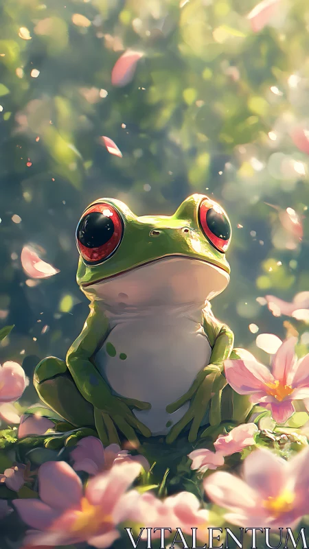 Radiant tree frog among soft bokeh blossoms in spring light.