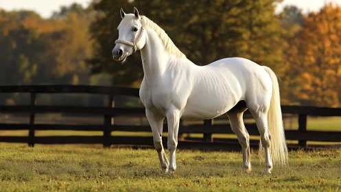 Elegant white stallion posed in sunlit autumn pasture.
