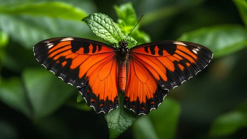 Bright orange butterfly is resting on a textured green leaf