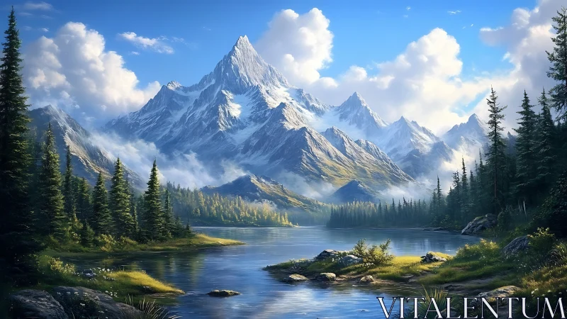 Glacial alpine massif above conifer lake under volumetric clouds.