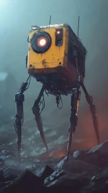 Lone quadruped scout robot patrols a foggy alien wasteland