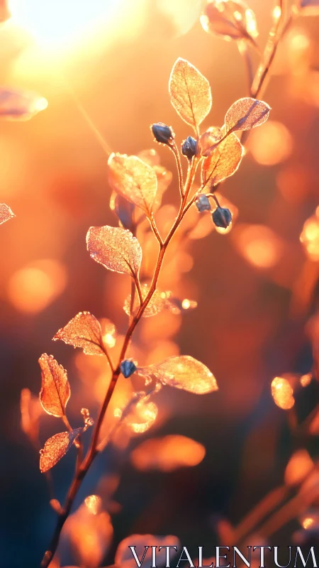 Backlit plant stems with dewdrops in warm sunset light.