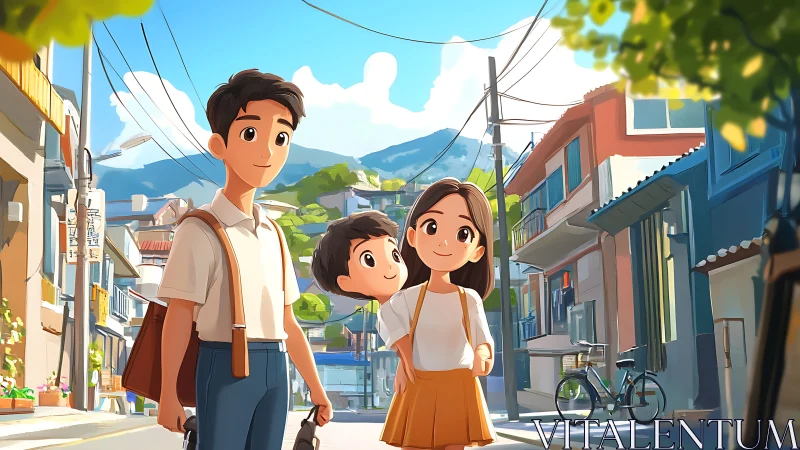 Animated family walking on sunny residential street scene.