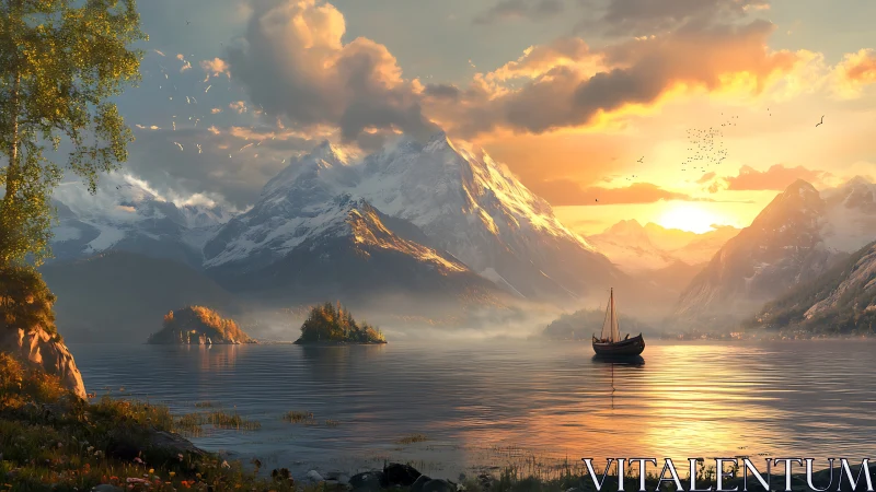 Alpine Twilight Harbor: Where Mountains Kiss Golden Waters.