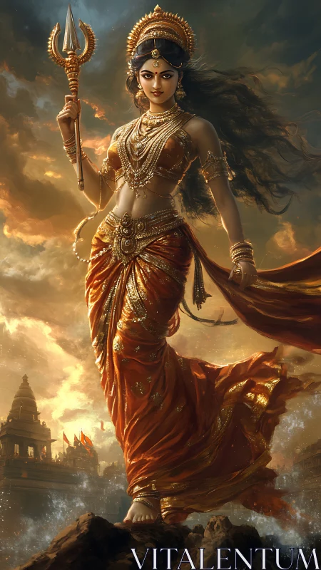 Hindu goddess figure with trident above temple landscape.