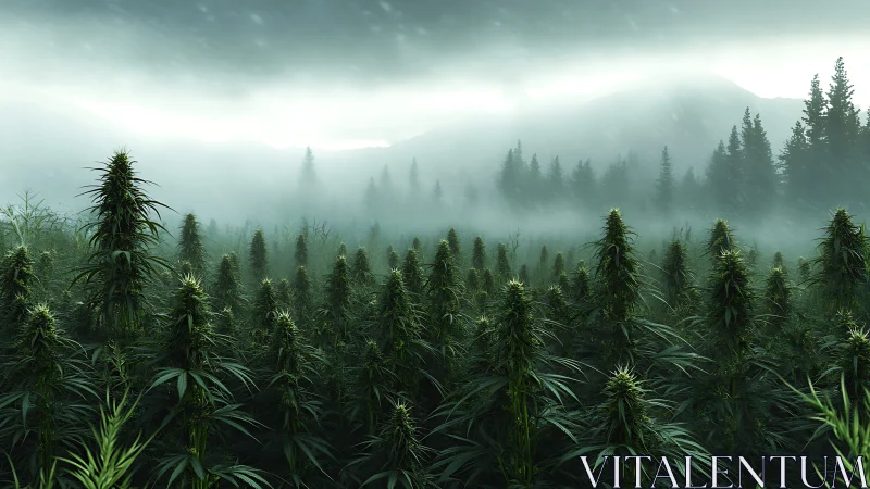 Misty Forest Dreams: Where Mountains Embrace Lush Fields.