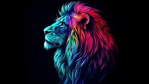 Side profile of multicolored lion illustration on black background.