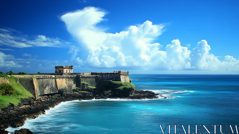 Coastal fortification structure on rocky promontory overlooking ocean waters.