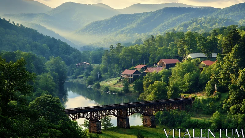 Mountain village and river bridge sit in soft morning haze