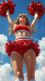 Dynamic cheerleader in red uniform celebrates under vivid sky