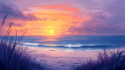 Calm ocean sunset viewed through soft coastal grasses.