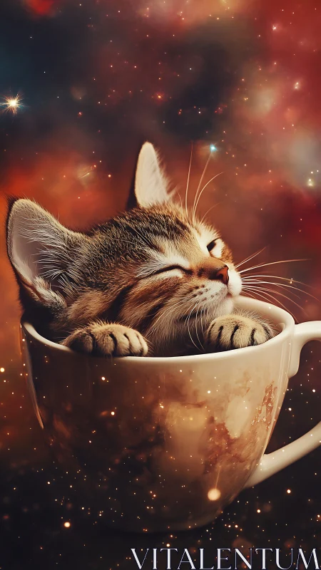 Cozy Kitten Nestled in Cosmic Mug with Warm Starlight Glow