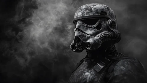 Weathered sci-fi combat helmet rendered in dramatic chiaroscuro