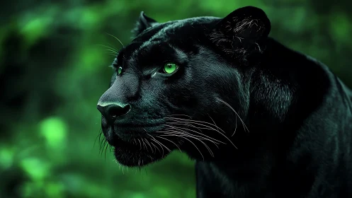 Black Panther with Glowing Green Eyes in Forest.