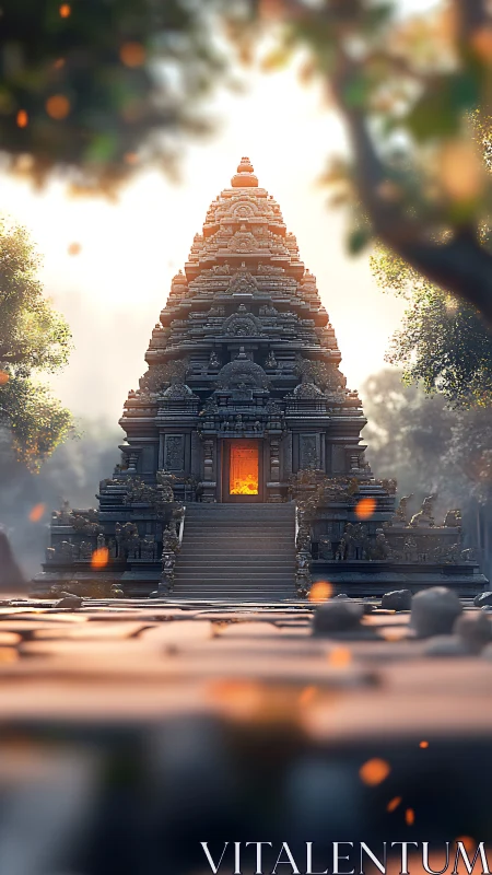 Ancient stone temple glows with central pyro-luminous portal