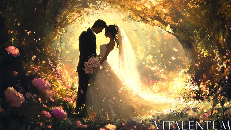 Sunlit vows bloom quietly in a golden forest cathedral