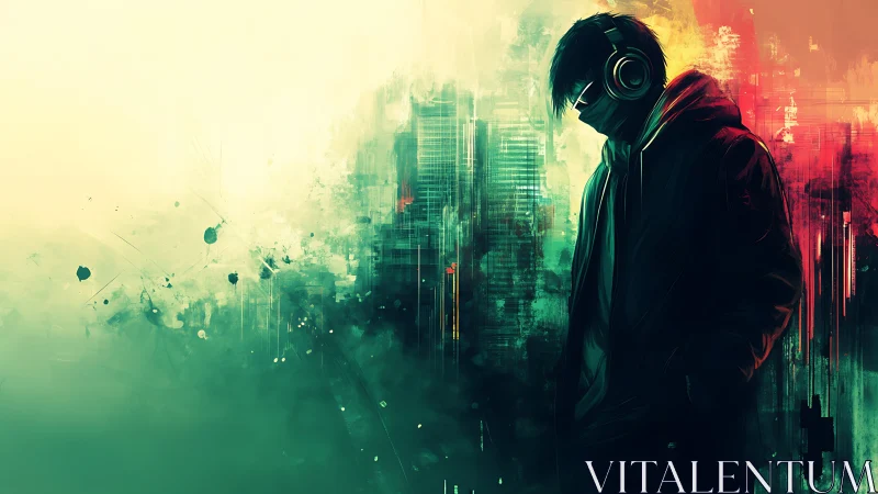 Cyberpunk audio drifter in neon atmospheric cityscape digital painting.