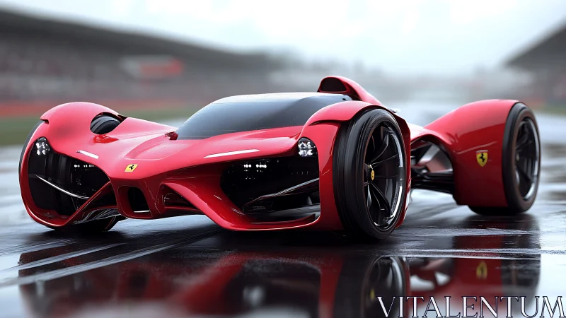 Scarlet hypercar skims wet asphalt like liquid lightning