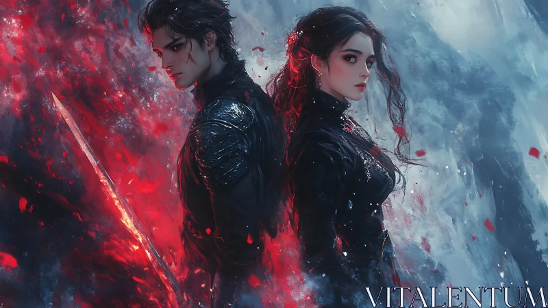 Dual warriors rendered in high contrast red-blue atmospheric lighting