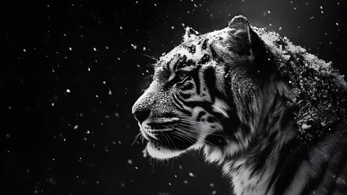 Snowcrowned tiger gazes through midnight stormlight silence.