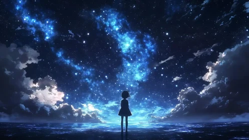 Silhouetted girl contemplates a luminous, star-filled night sky.