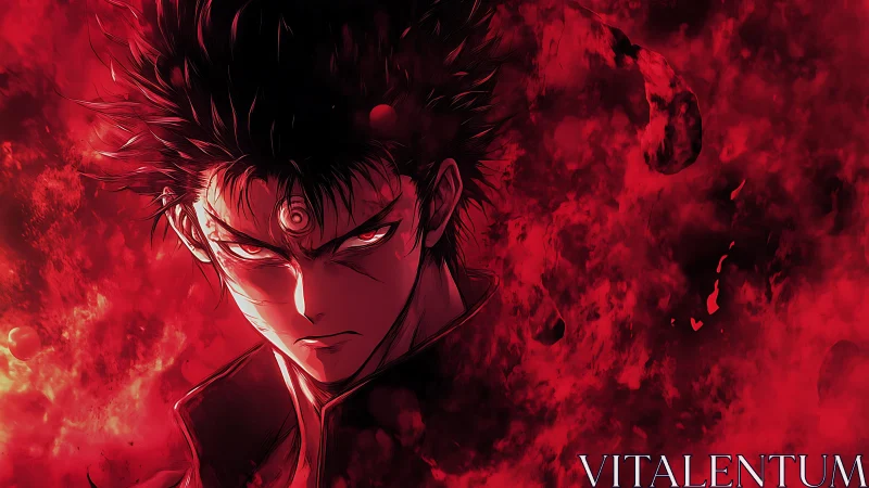 Demonic warrior emerges through crimson inferno storm.