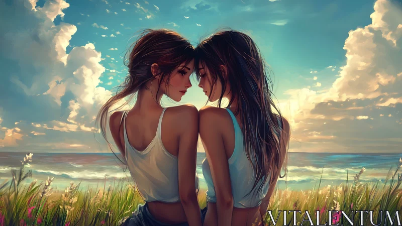 Two Women Embracing on Beach Meadow with Luminous Sky and Coastal Backdrop