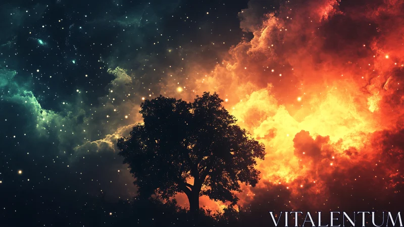 Silhouetted tree divides nebular sky with high contrast bicolor lighting