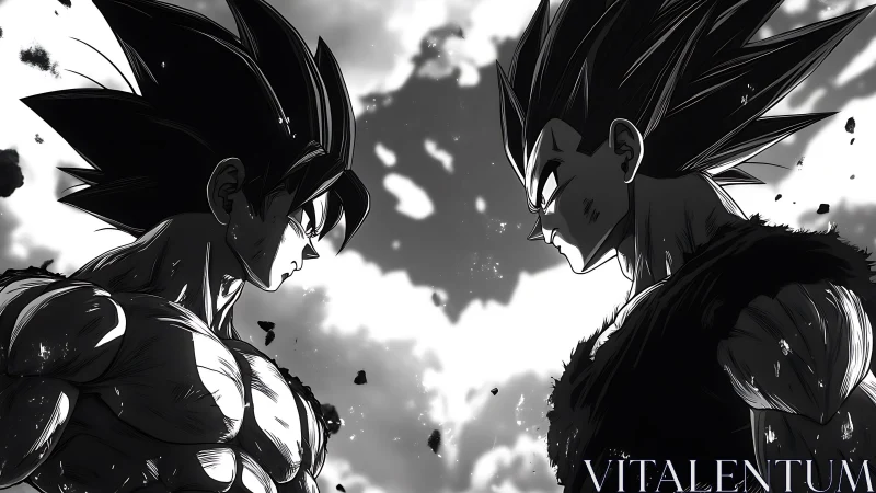 High-contrast anime duel rendered with dynamic rim lighting and debris