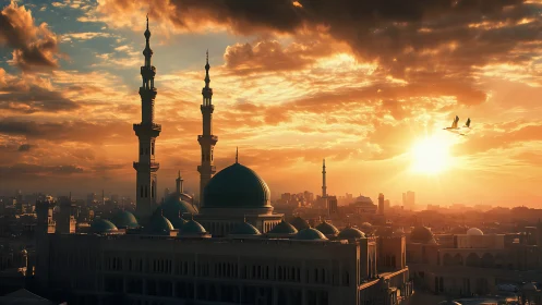 Golden hour skyline with mosque domes and soaring birds.