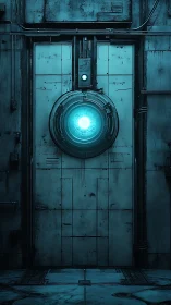 Cybernetic vault door with glowing central core light