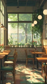 Sunlit urban café glows in quiet morning greenery hush.
