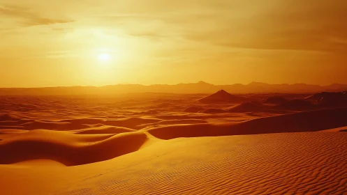 Golden desert dunes glow under low sun across vast horizon