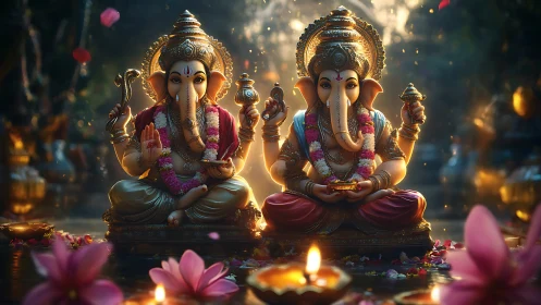 Twin Ganesha guardians in lotus-lit twilight devotion.
