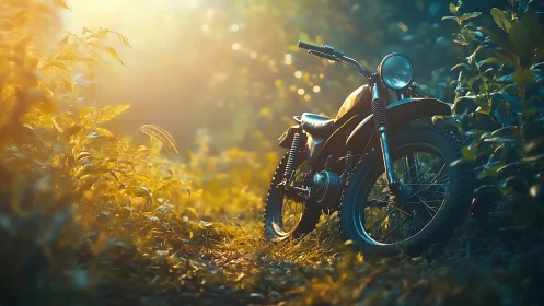 Sunlit forest motorcycle resting in a golden evening glow.