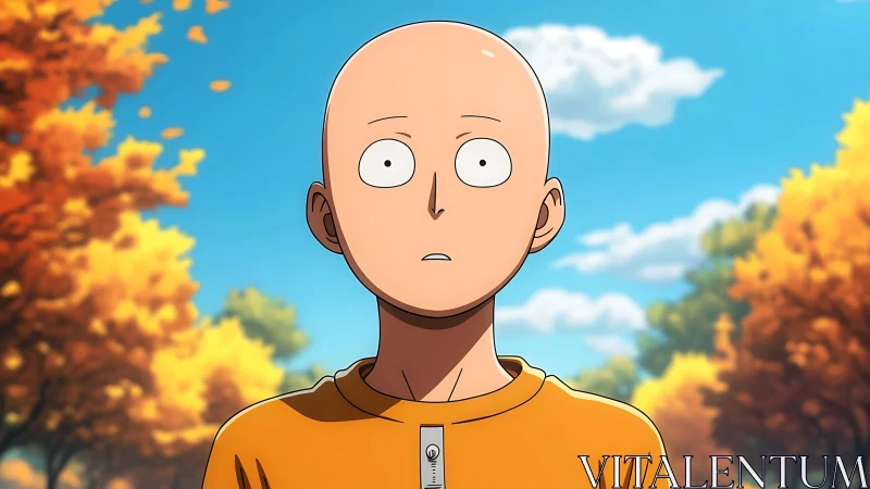 Bald anime character outdoors with autumn foliage background.